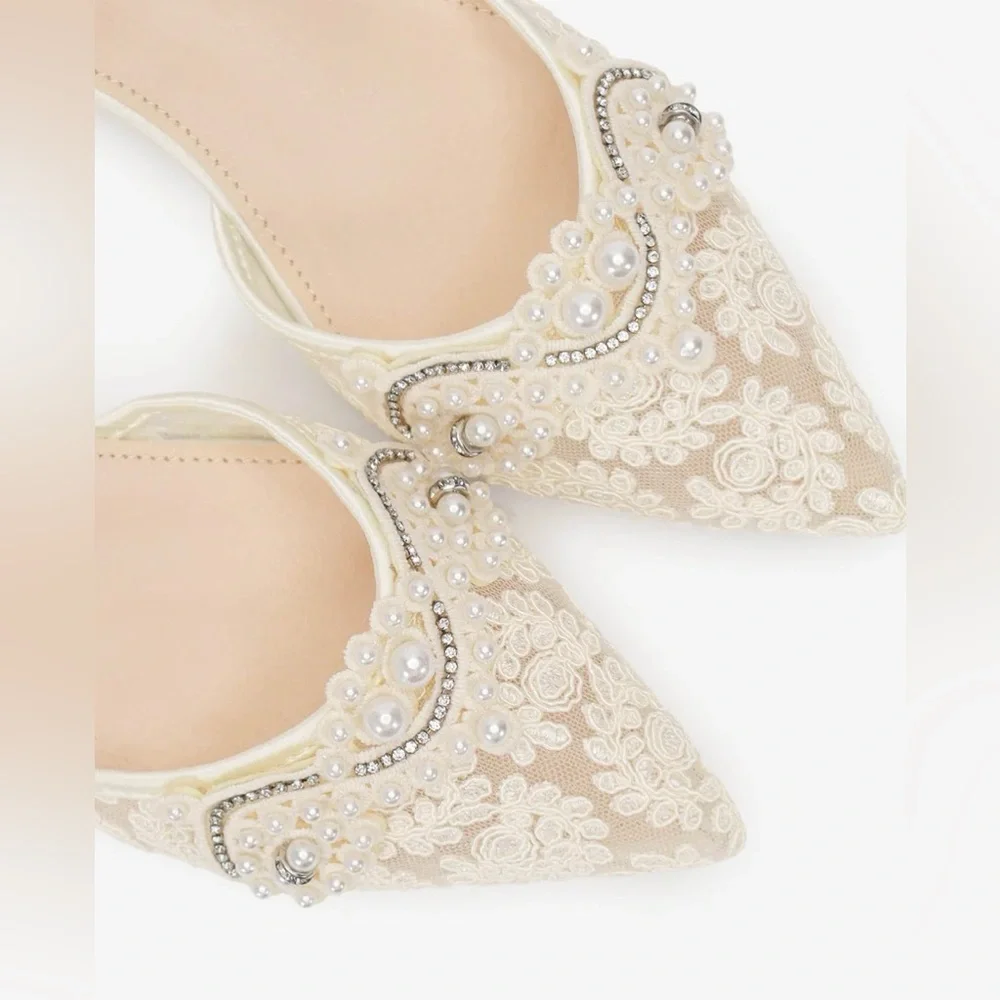 Kallie Pearl-Embellished Lace Pointed Flats in Ivory - Picture 2 of 5